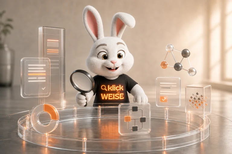 Klickweise-Maskottchen visualisiert KI-Antwort-Index in einer eigenständigen Mess- und Analyseszene.